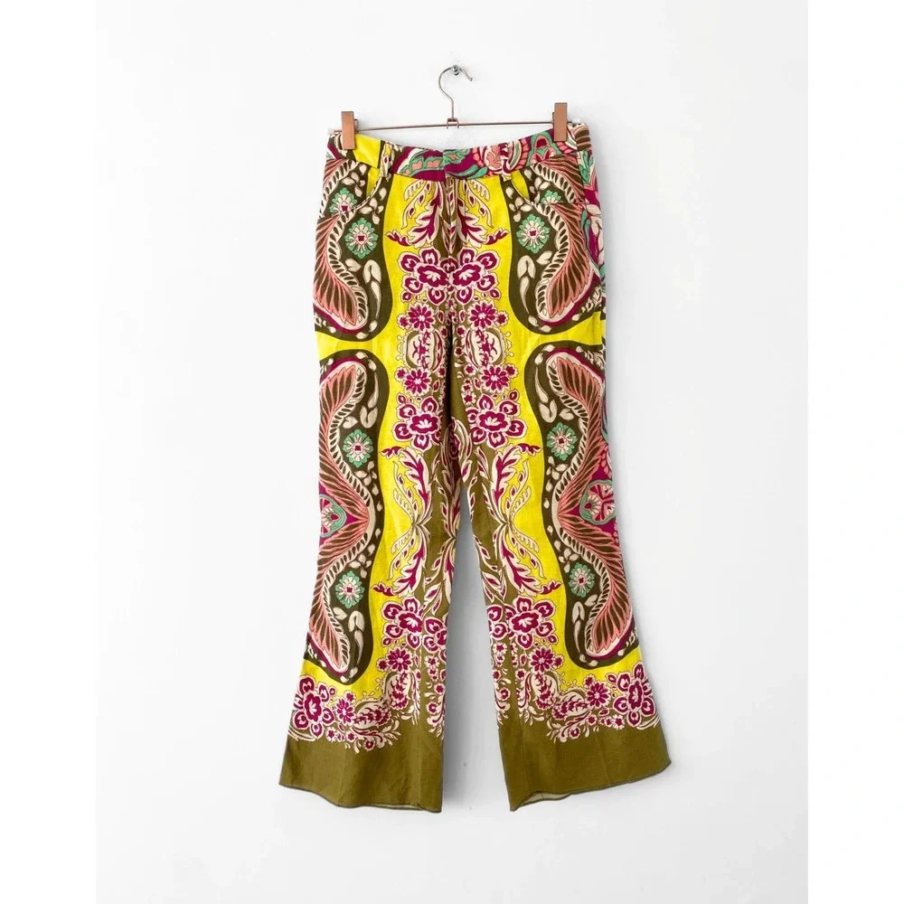 Zara Women Olive Green Pink Paisley Floral Scarf Print Linen Blend Pants L